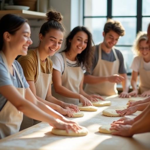 A group of cheerful people learning to knead dough in a bright, modern kitchen.