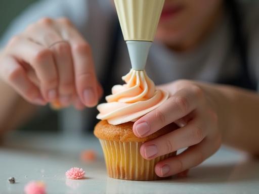 A close-up of a baker's hands delicately piping icing onto a cupcake.