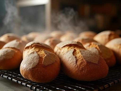Several loaves of artisan bread cooling on a wire rack.